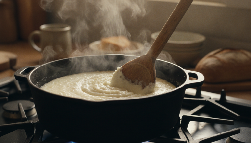 A close-up shot of a pot of creamy white grits being stirred with a wooden spoon steam gently rising in a cozy kitchen s