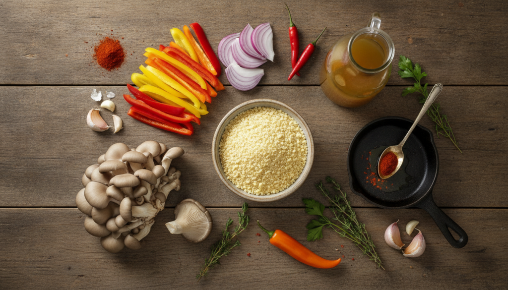 A flat lay of fresh ingredients for vegan shrimp and grits including corn grits oyster mushrooms or other shrimp substit