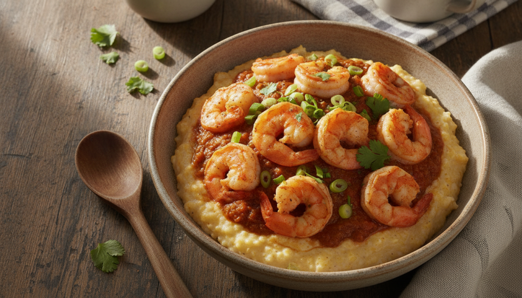 A beautiful inviting overhead shot of a finished bowl of vegan shrimp and grits featuring creamy grits topped with plant
