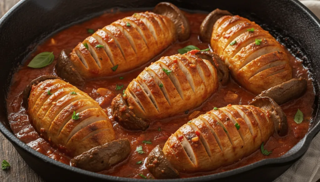 A close-up of beautifully seasoned and cooked king oyster mushrooms sliced and scored to resemble shrimp glistening in a