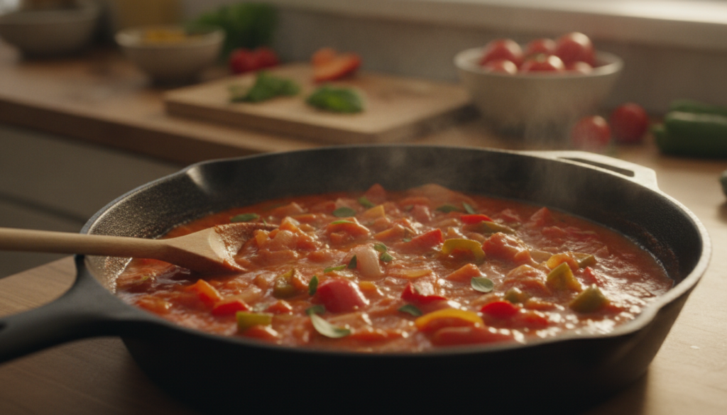 A vibrant simmering tomato-based sauce with bell peppers and onions in a skillet demonstrating the rich color and textur