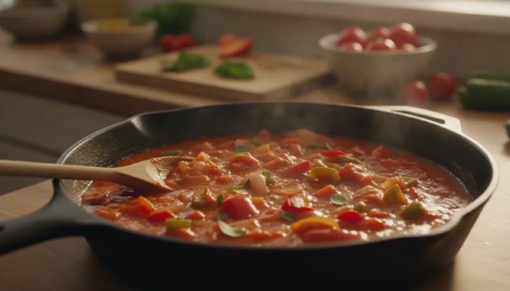 A vibrant simmering tomato-based sauce with bell peppers and onions in a skillet demonstrating the rich color and textur