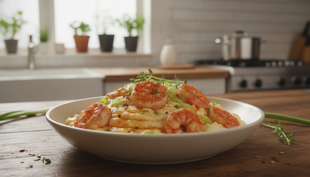 A beautifully plated bowl of creamy vegan shrimp and grits garnished with fresh herbs showcasing the rich texture and vi