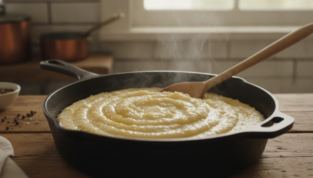 A close-up of creamy perfectly cooked grits in a saucepan with steam gently rising ready to be served