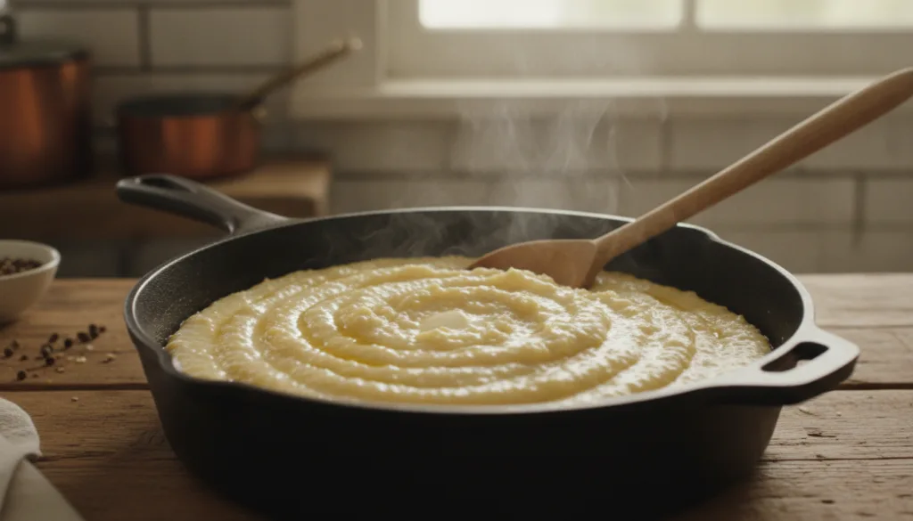A close-up of creamy perfectly cooked grits in a saucepan with steam gently rising ready to be served