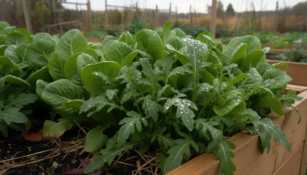 A close-up of vibrant green lettuce and arugula leaves growing in a garden bed ready for harvest