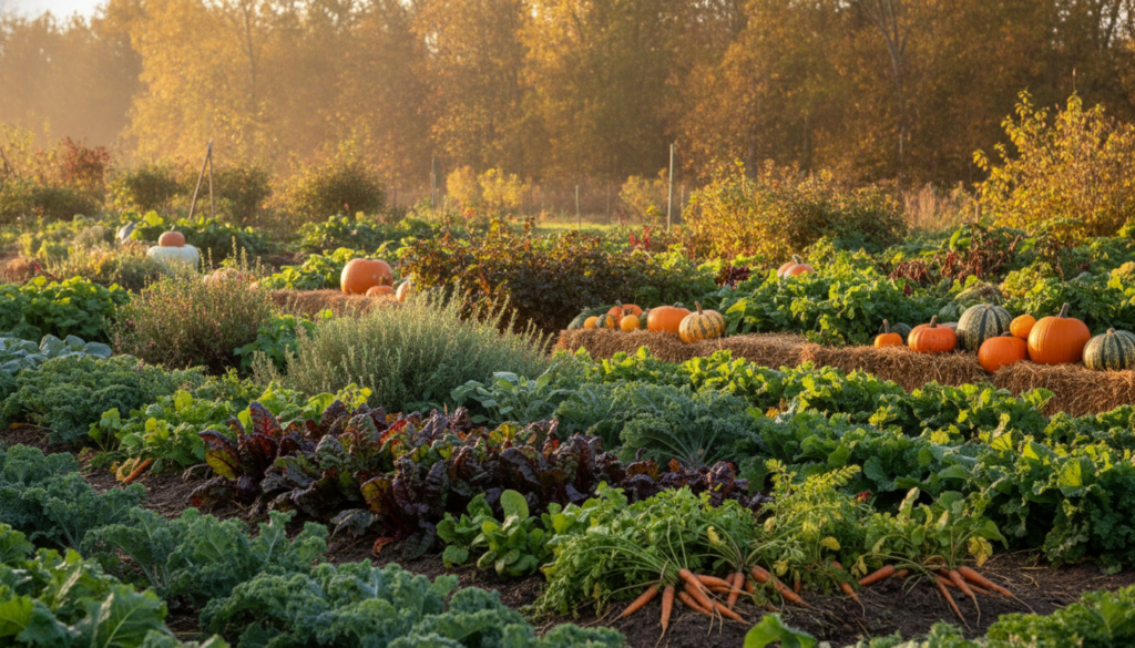 A vibrant abundant fall garden with various vegetables growing bathed in warm autumn sunlight