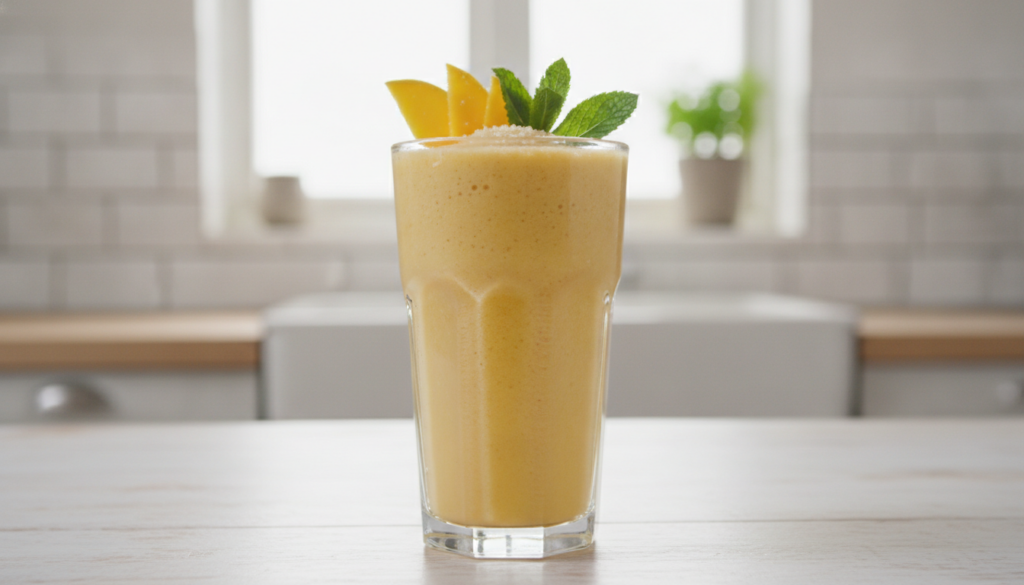 A tall glass filled with a bright orange creamy mango smoothie garnished with a fresh mango slice and a mint leaf on a l