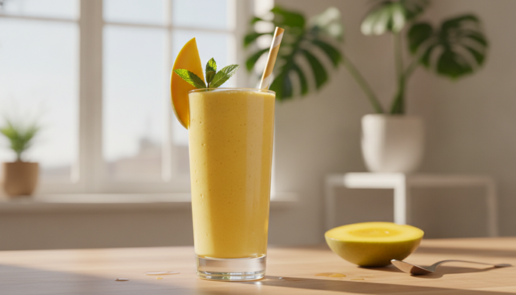 A vibrant creamy vegan mango smoothie in a tall glass garnished with a slice of fresh mango and a mint leaf set against