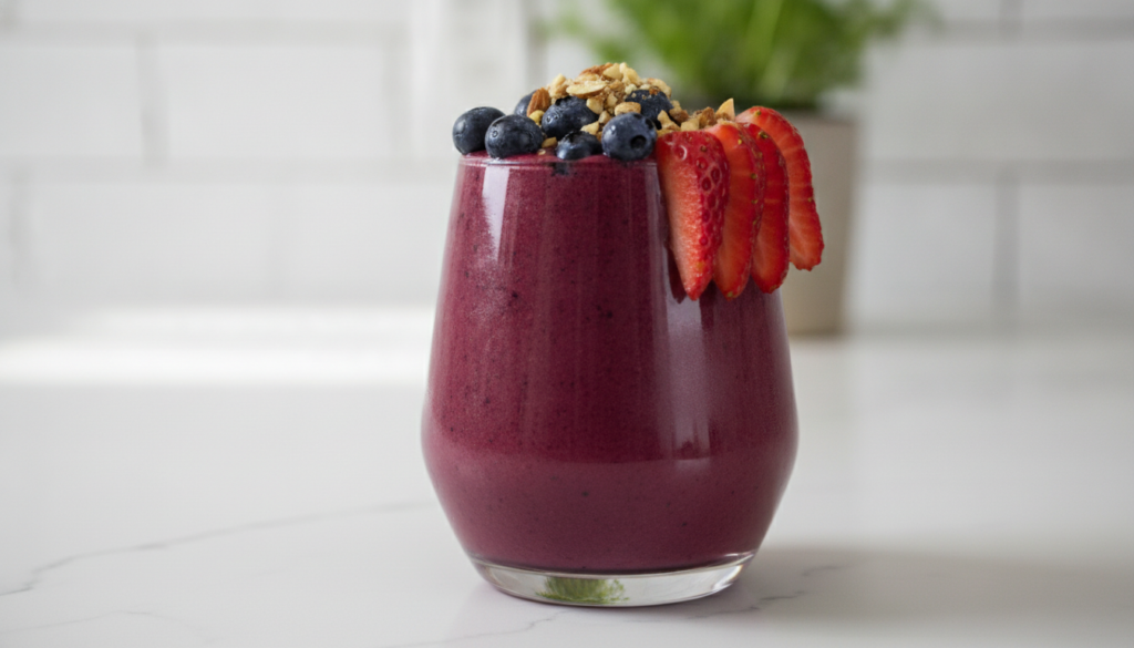 A vibrant purple-red smoothie in a glass garnished with fresh berries and sliced almonds on a bright clean background