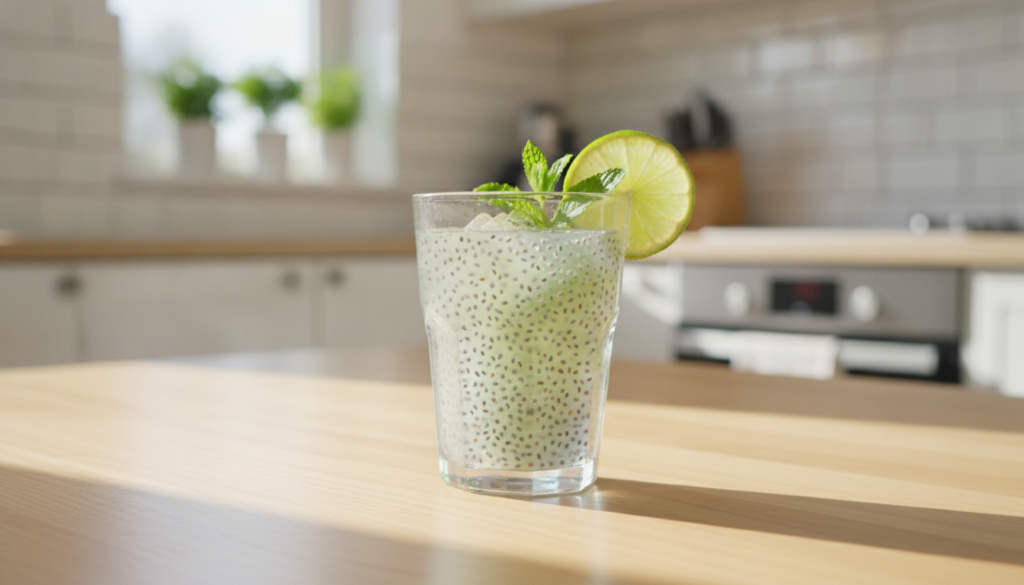 A vibrant refreshing glass of chia seed and lime drink garnished with a lime slice and mint against a bright clean backg