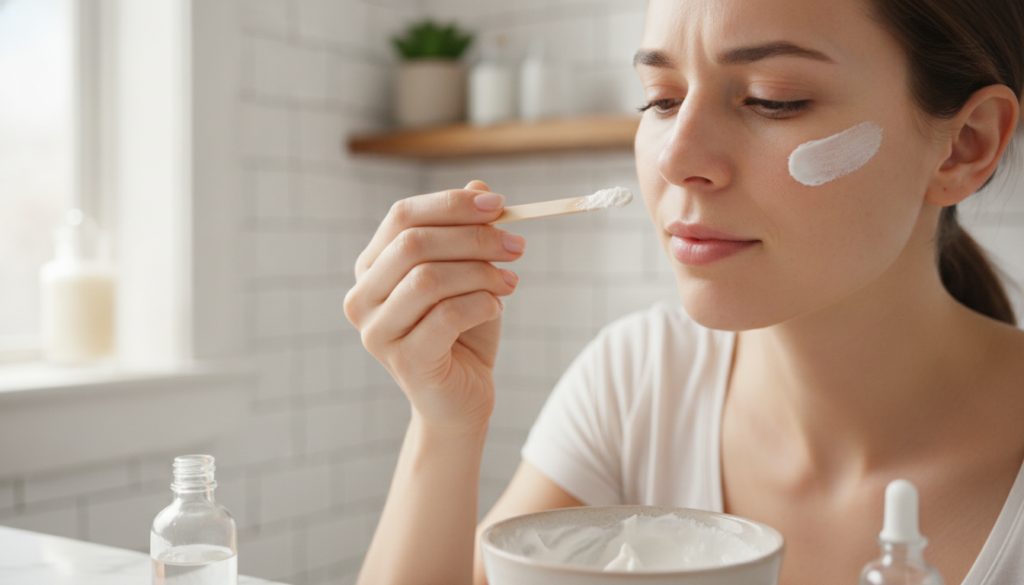 A woman gently applying a small amount of the Vaseline and Vitamin C mixture to a sun spot on her cheek