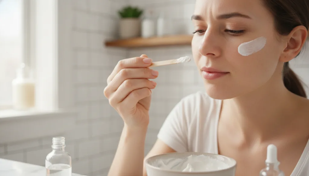 A woman gently applying a small amount of the Vaseline and Vitamin C mixture to a sun spot on her cheek