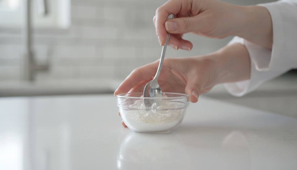 Hands mixing Vaseline and a white powder in a small glass bowl with a spoon