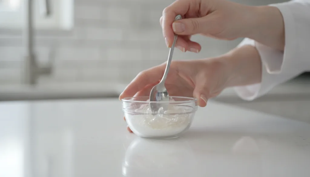 Hands mixing Vaseline and a white powder in a small glass bowl with a spoon