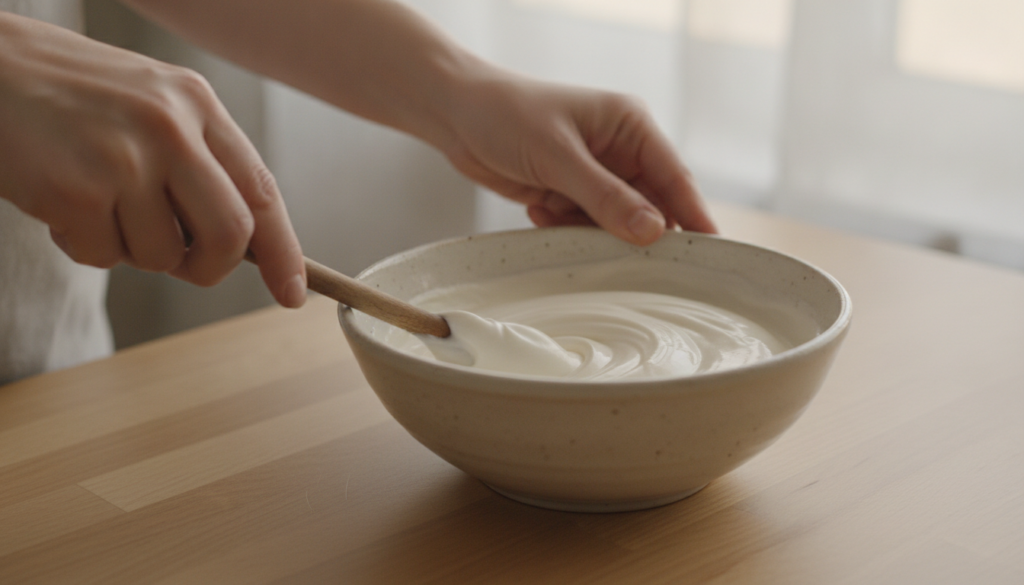 A close-up of a person s clean hands gently mixing ingredients in a small bowl to create a thick white cream