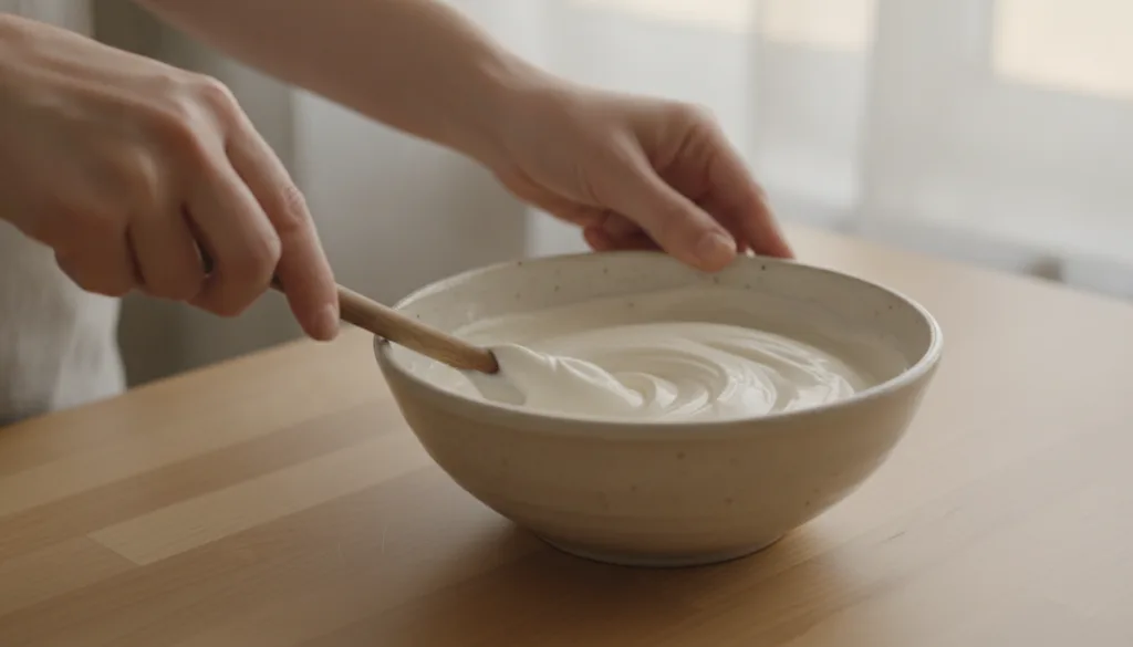 A close-up of a person s clean hands gently mixing ingredients in a small bowl to create a thick white cream