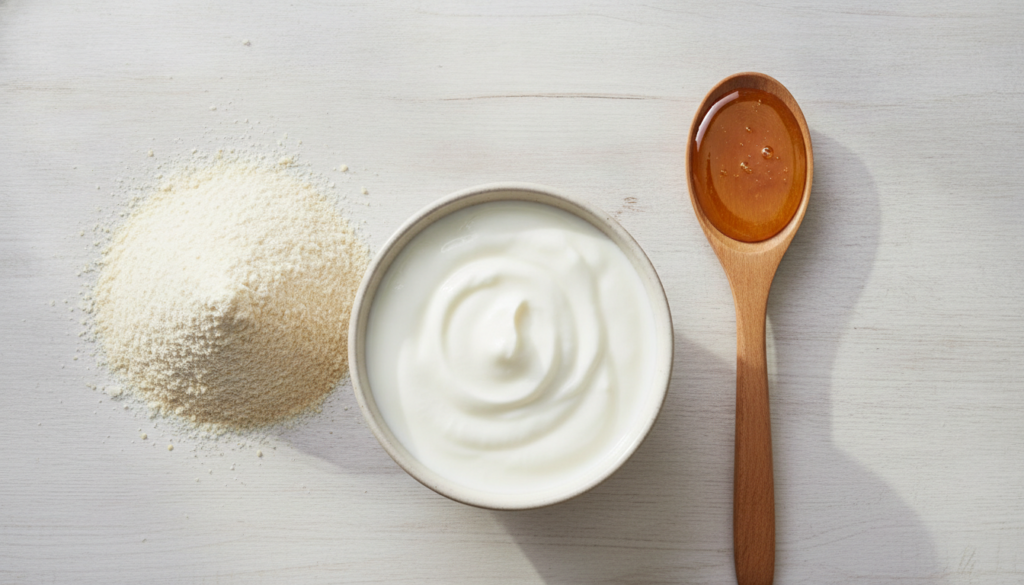 Ingredients for a DIY forehead line cream a bowl of plain yogurt a spoon of honey and a small pile of oat flour