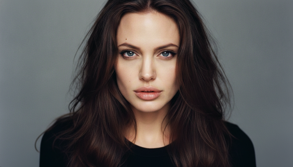 A real publicity photo of a young Angelina Jolie from the late 1990s showcasing her distinctive features like her full l