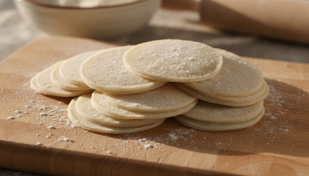 A stack of thin round homemade dumpling wrappers with a light dusting of flour ready for filling