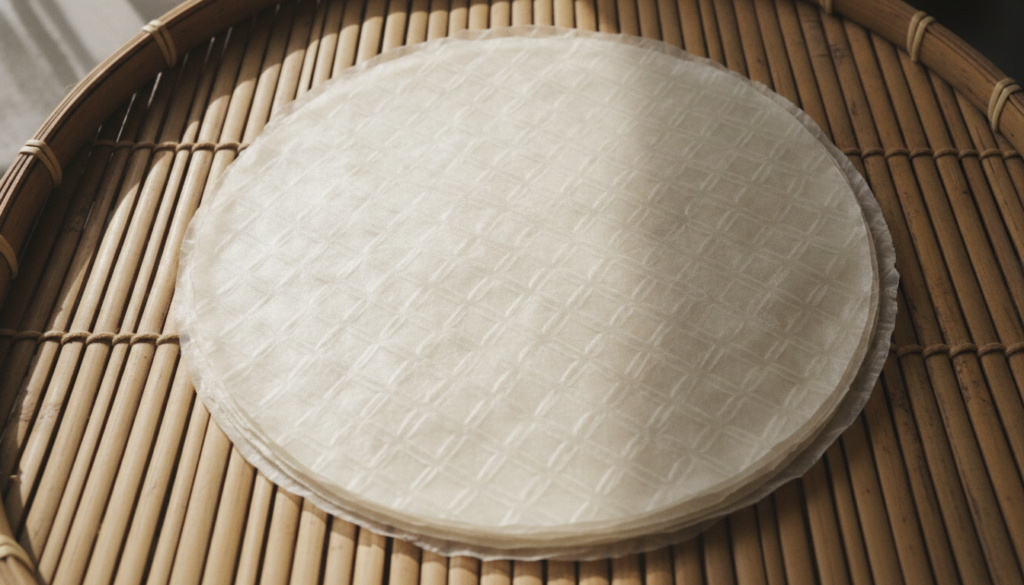 A stack of thin round homemade rice paper wrappers translucent and slightly chewy on a bamboo mat