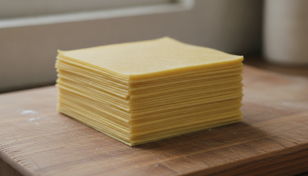 A stack of thin square homemade wonton wrappers slightly yellow from egg on a wooden board