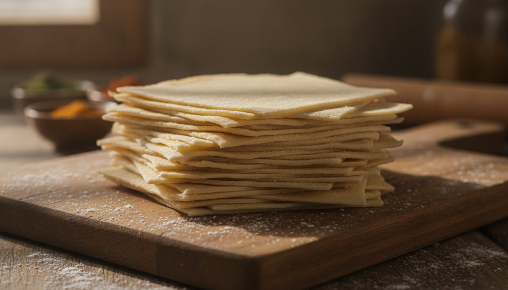 A stack of raw uncooked homemade samosa wrappers or patti showing their slightly thicker texture ready for filling
