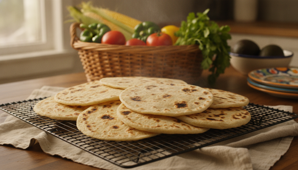 A stack of warm soft homemade flour tortillas on a cooling rack with a basket of fresh produce in the background