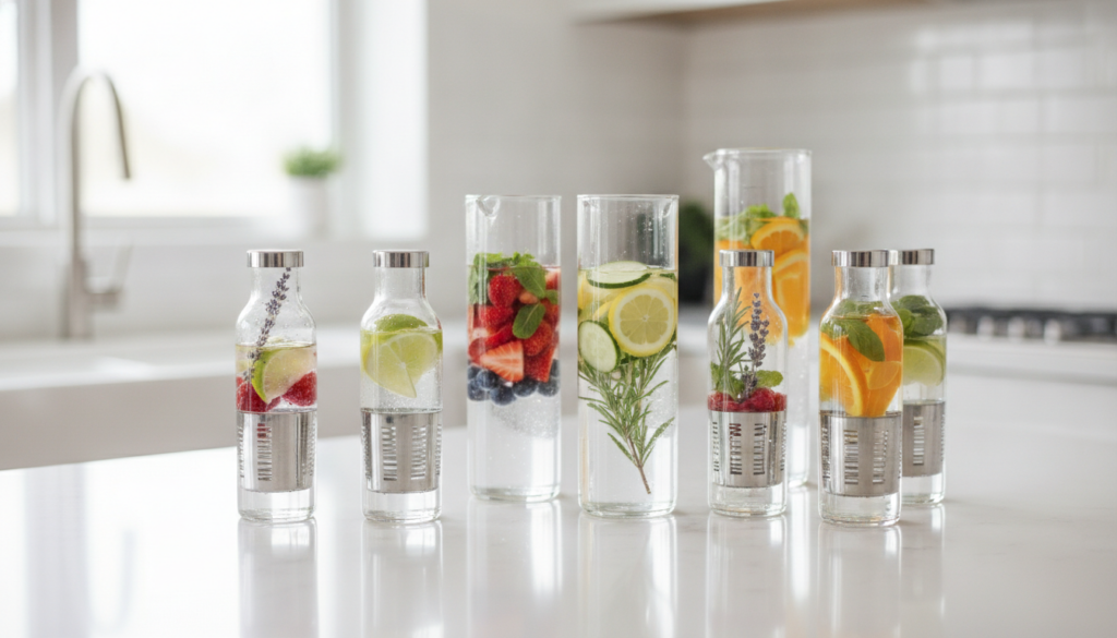 A variety of clear glass bottles and pitchers specifically designed for infusing water filled with colorful fruits and h