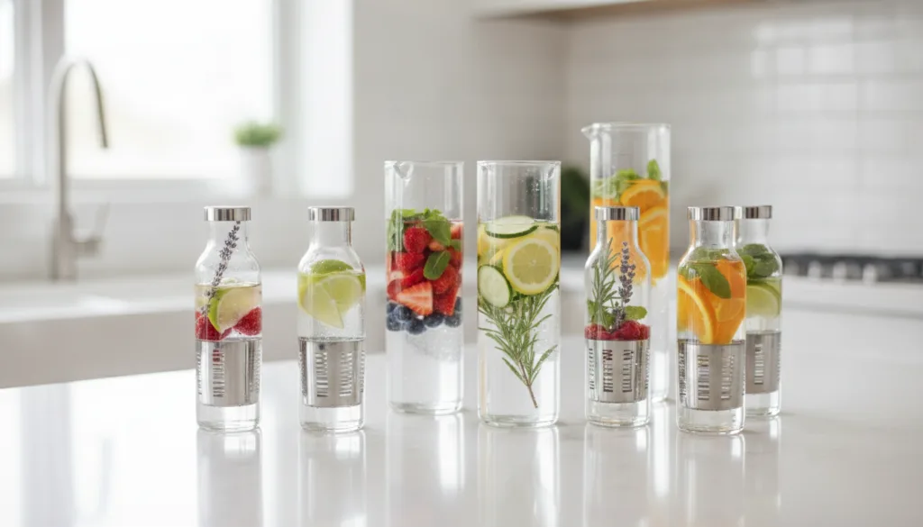 A variety of clear glass bottles and pitchers specifically designed for infusing water filled with colorful fruits and h