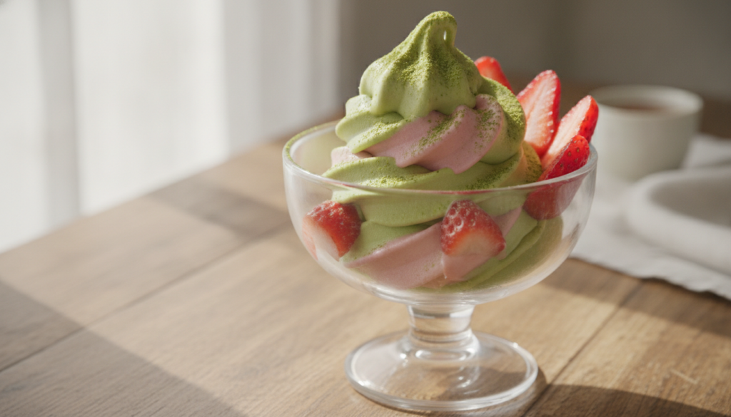 A close-up shot of creamy matcha strawberry swirl ice cream in a bowl garnished with fresh strawberries and a dusting of