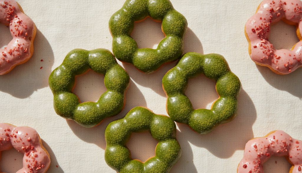 Pon de ring shaped mochi donuts with matcha and pink glazes artfully arranged