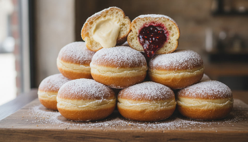 Fluffy bomboloni donuts filled with cream or jam dusted with sugar