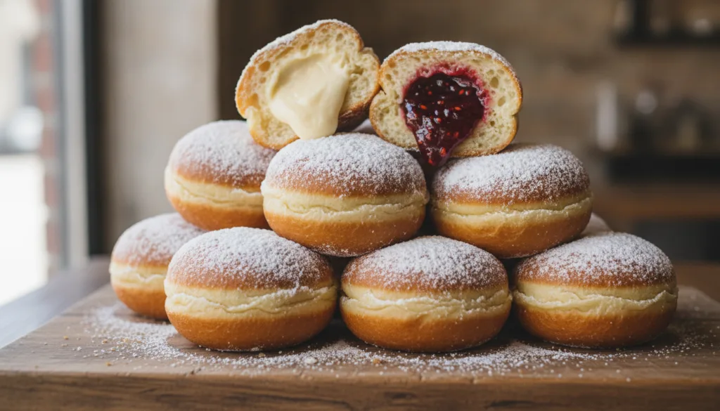 Fluffy bomboloni donuts filled with cream or jam dusted with sugar