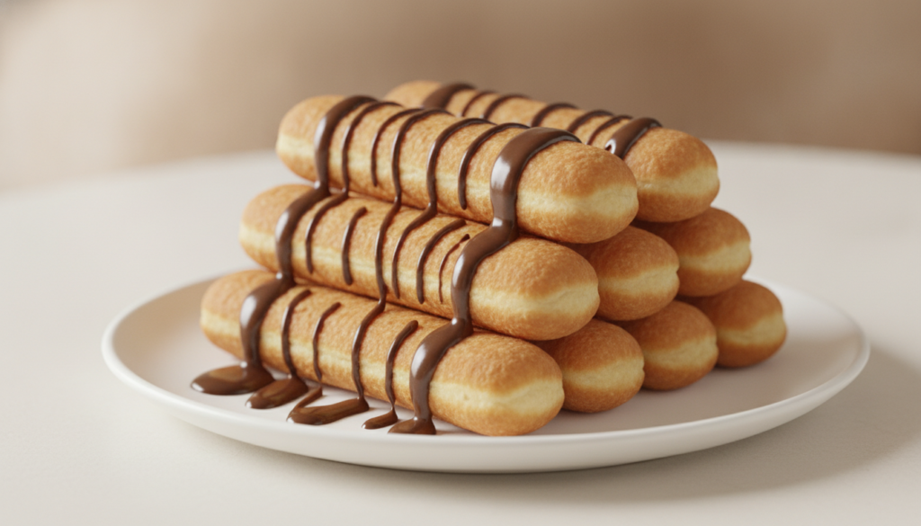 Crispy donut breadsticks drizzled with chocolate glaze on a white plate