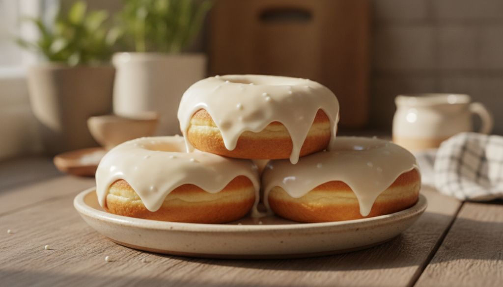 Fluffy golden-brown eggless donuts glazed with a sweet vanilla icing