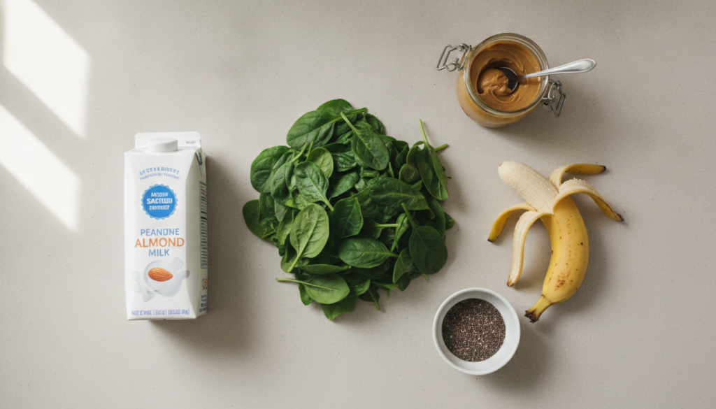 An assortment of smoothie ingredients like spinach bananas peanut butter chia seeds and almond milk laid out on a clean 