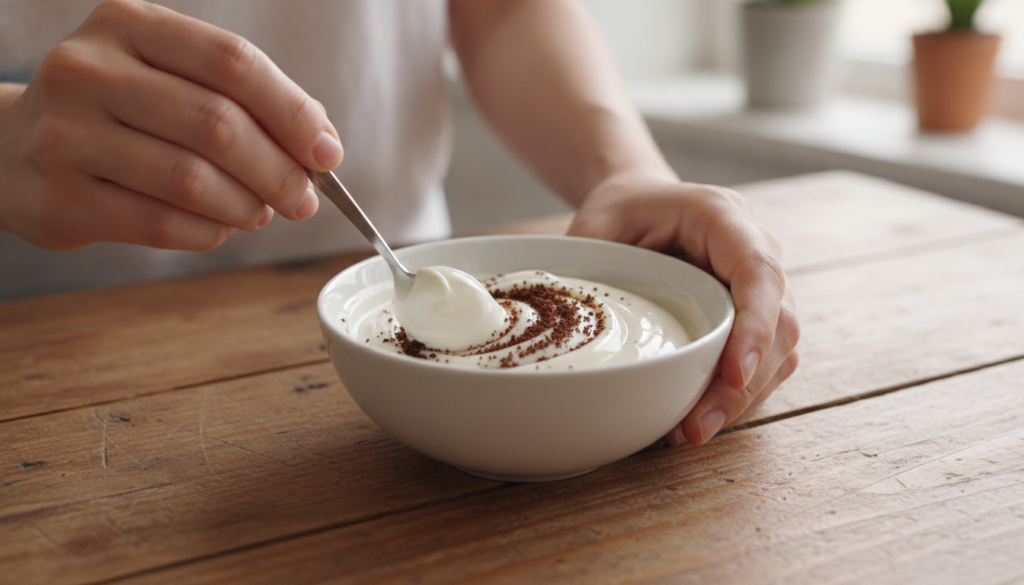 Hands mixing Vaseline and coffee grounds in a small bowl illustrating the preparation of the DIY anti-aging mask The mix