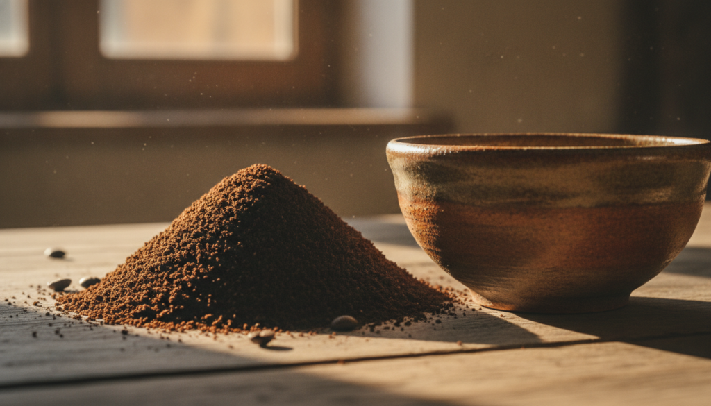 A pile of ground coffee beans next to a small bowl showcasing the rich brown color and fine texture of the coffee with a