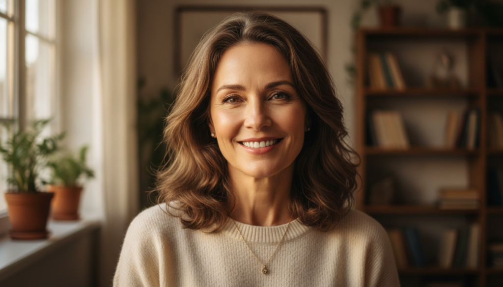 A woman in her late 40s or early 50s smiling confidently with radiant smooth skin symbolizing the before and after effec