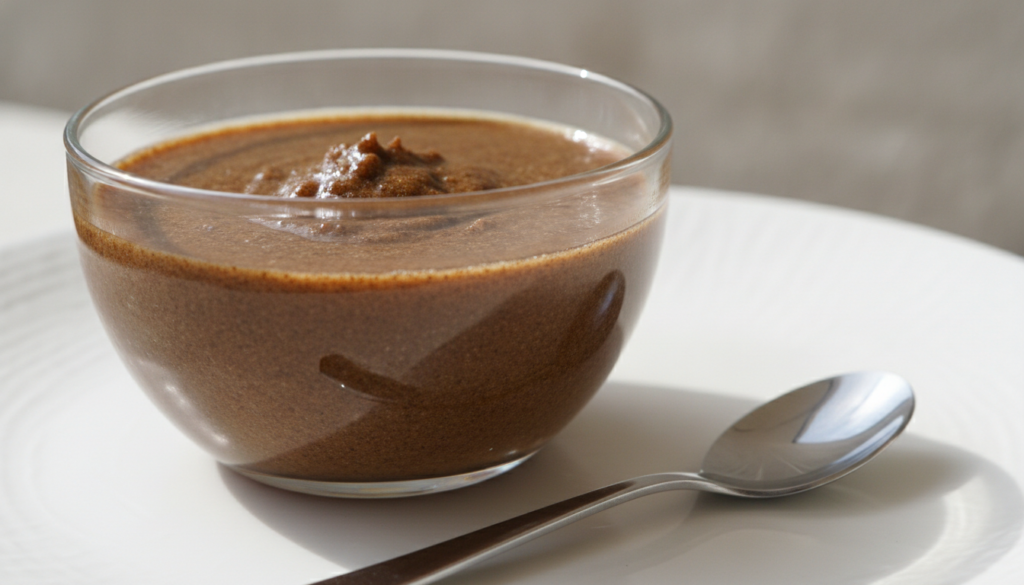 A close-up of a small bowl containing Vaseline mixed with coffee grounds with a small spoon beside it on a light backgro
