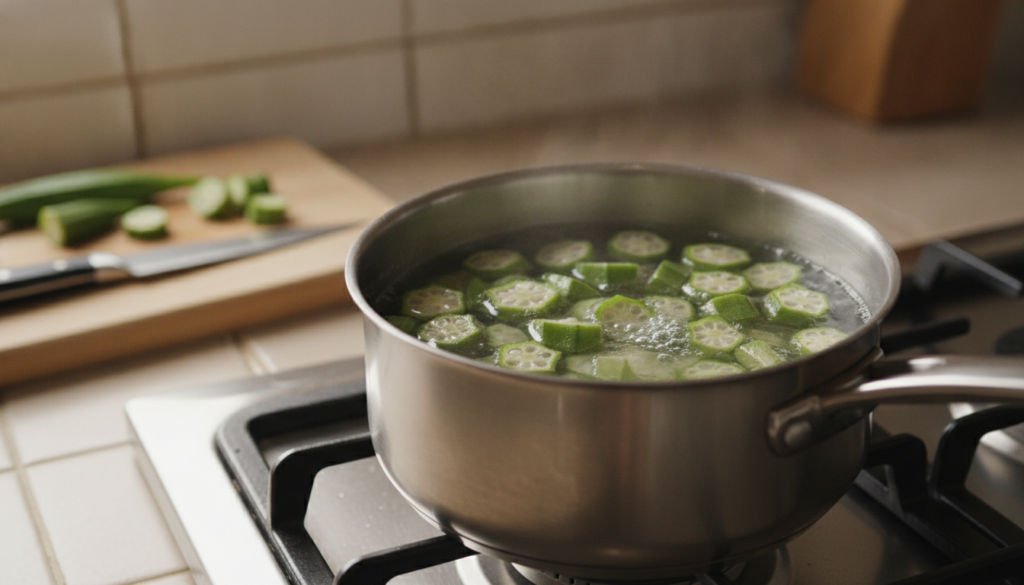 Fresh okra pods sliced and simmering gently in a small saucepan with water creating a translucent gel-like consistency i