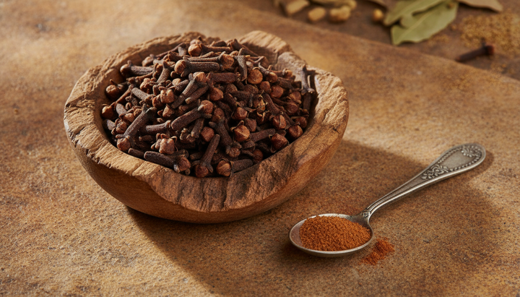 A small wooden bowl filled with whole cloves next to a tiny spoon with finely ground clove powder on a textured warm-ton
