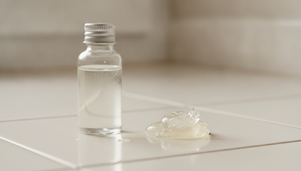 A small clear bottle of baby oil next to a dab of Vaseline on a clean light surface suggesting hydration and softness Hi