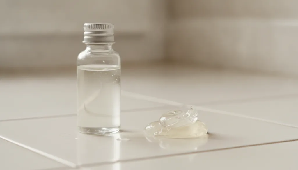 A small clear bottle of baby oil next to a dab of Vaseline on a clean light surface suggesting hydration and softness Hi