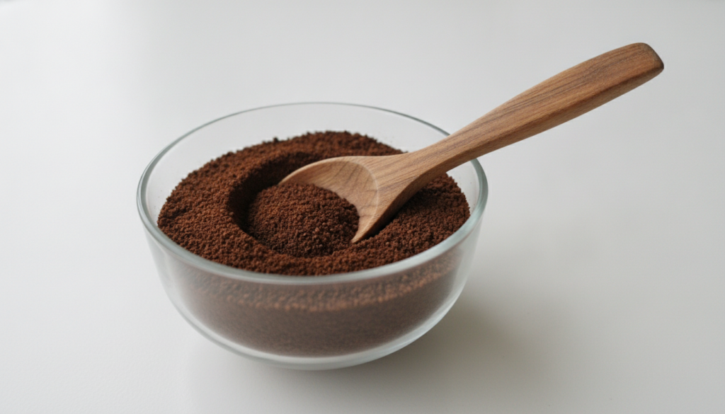 A small clear glass bowl filled with finely ground coffee with a wooden spoon resting inside on a clean white surface wi