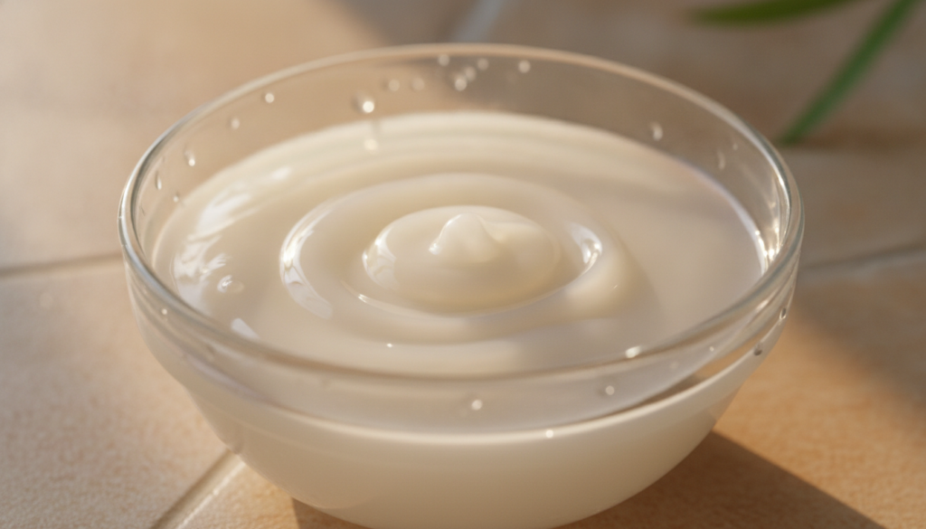 Close-up of a small glass bowl containing a smooth creamy mixture of Vaseline and water with a soft glowing light reflec