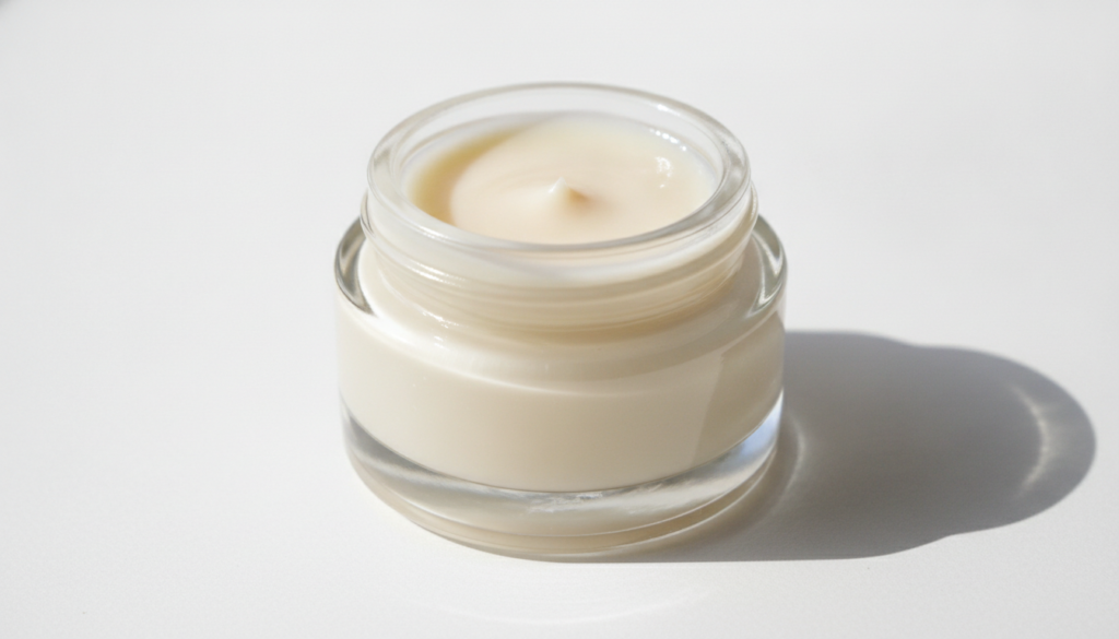A close-up of a small elegant glass jar filled with a light creamy homemade anti-aging face cream resting on a clean whi
