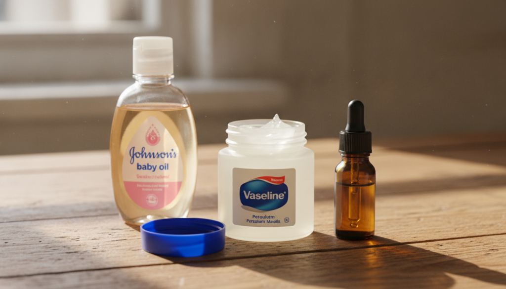 A still life image showing a jar of Vaseline a bottle of Johnson s Baby Oil and a small bottle of Vitamin E oil arranged