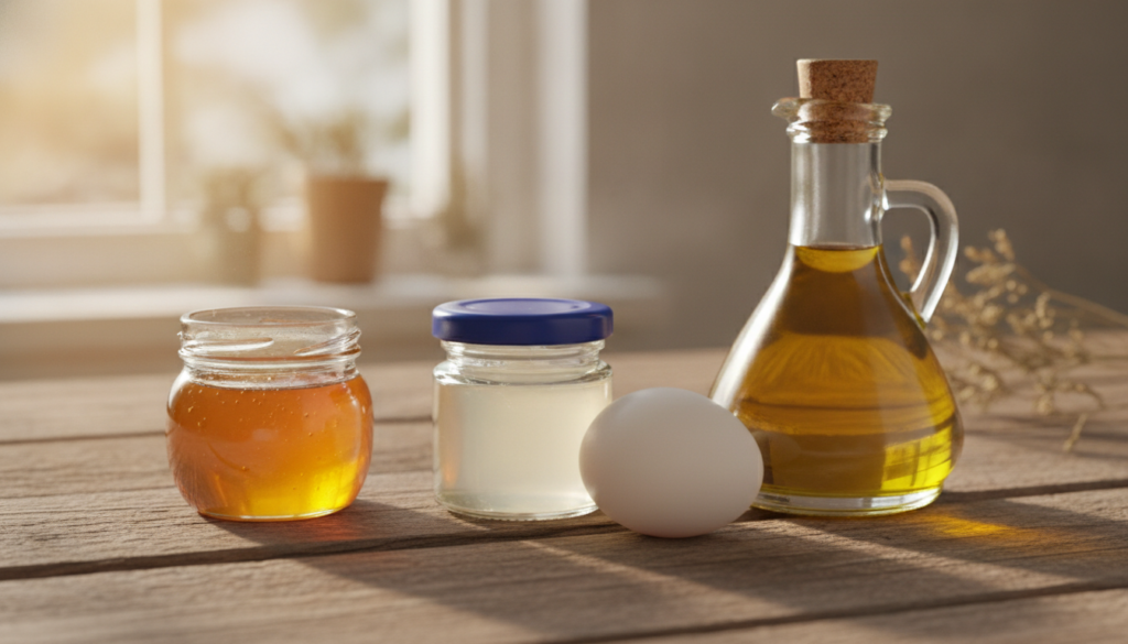 A close-up shot of a small jar of Vaseline an egg a bottle of olive oil and a jar of honey on a rustic wooden table sugg